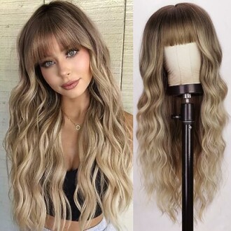 Lativ Blonde Wig With Bangs Long Wavy Curly Ombre Wig Review
